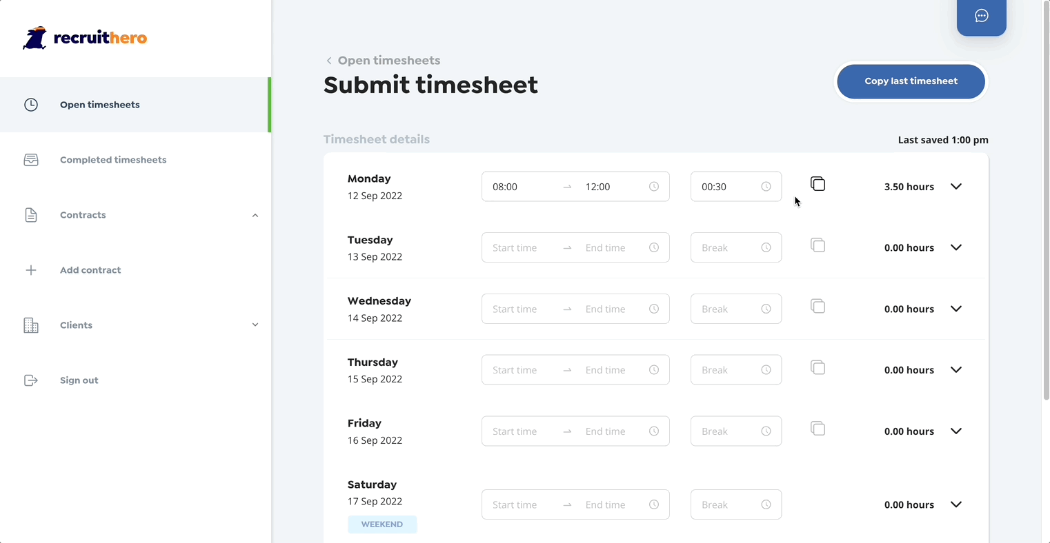 Submitting a timesheet | Recruithero